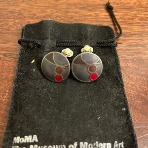 MoMA Frank Lloyd Wright Style Sterling Silver And Enamel Round Clip On Earrings